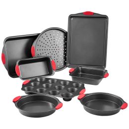 Baking Pans Set, 8-Piece, Nonstick Carbon Steel Cookware Sheets & Trays, Stackable Kitchen Oven Bakeware Cooking Sets with Silicone Handles