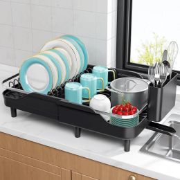 Dish Rack for Kitchen Counter,16.14"-23.62" Large Stainless Steel Dish Drying Rack with Adjustable Water Spout