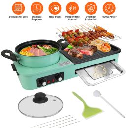 3 in 1 Electric Hot Pot with Grill 1600W Smokeless Non-Stick Korean BBQ Grill Shabu Shabu Hot Pot Combo with Independent Temperature Control for