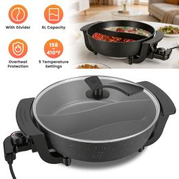 Dual-Flavor Electric Hot Pot 6L with Divider, 5 Temperature Control Non-Stick Shabu Shabu Pot
