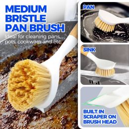 3 Pack Dish Brush Set with Bamboo Handle, Kitchen Brushes for Cleaning Pot, Sink and Stove