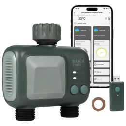 WiFi Sprinkler Timer, 2 Outlets, Smart Hose Faucet Water Timer with Brass Inlet, APP Control via 2.4Ghz WiFi or Bluetooth
