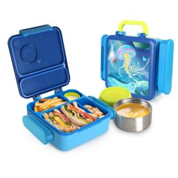1Pc Kids Lunch Box Thermal Lunch Container With Insulated Storage Bag 2 Compartments Spoon Fork Case Food Safe Spill Resistant (Option: blue)
