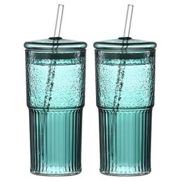 20 Oz 2-pack Green Glass Straw Cup With Vertical Pattern Cup And Lid, High Borosilicate Heat-resistant Glass Cup For Juice, Milk And Cold Drinks (Option: Dark green)