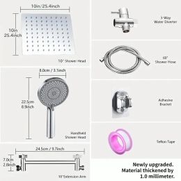 RV Shower Head, 10 Inch High Pressure Rain Shower Stainless Steel Shower Head With Handheld Shower Combo With 59 Inch Extra Long Hose, Adhesive S (Option: silvery)