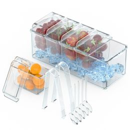 1Set Ice Chilled Condiment Caddy Serving Tray Container Bar Garnish Holder Salad Platter Server Food Storage With 5 Removable Containers 5 Lids 2 (Option: 1set)