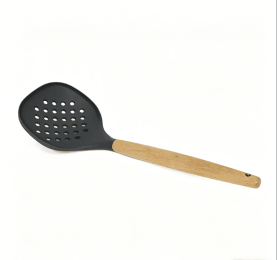 Wooden handle silicone cooking utensils, heat-resistant non-stick kitchen tools including spoon rests, egg beaters, tongs and spatulas (style: skimmer)