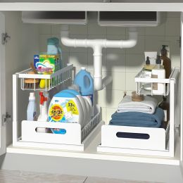 1/2pcs kitchen rack for sink organization and storage, under sink organization, sliding pull-out cabinet organization rack, metal sliding drawer (Color: white-2pcs)